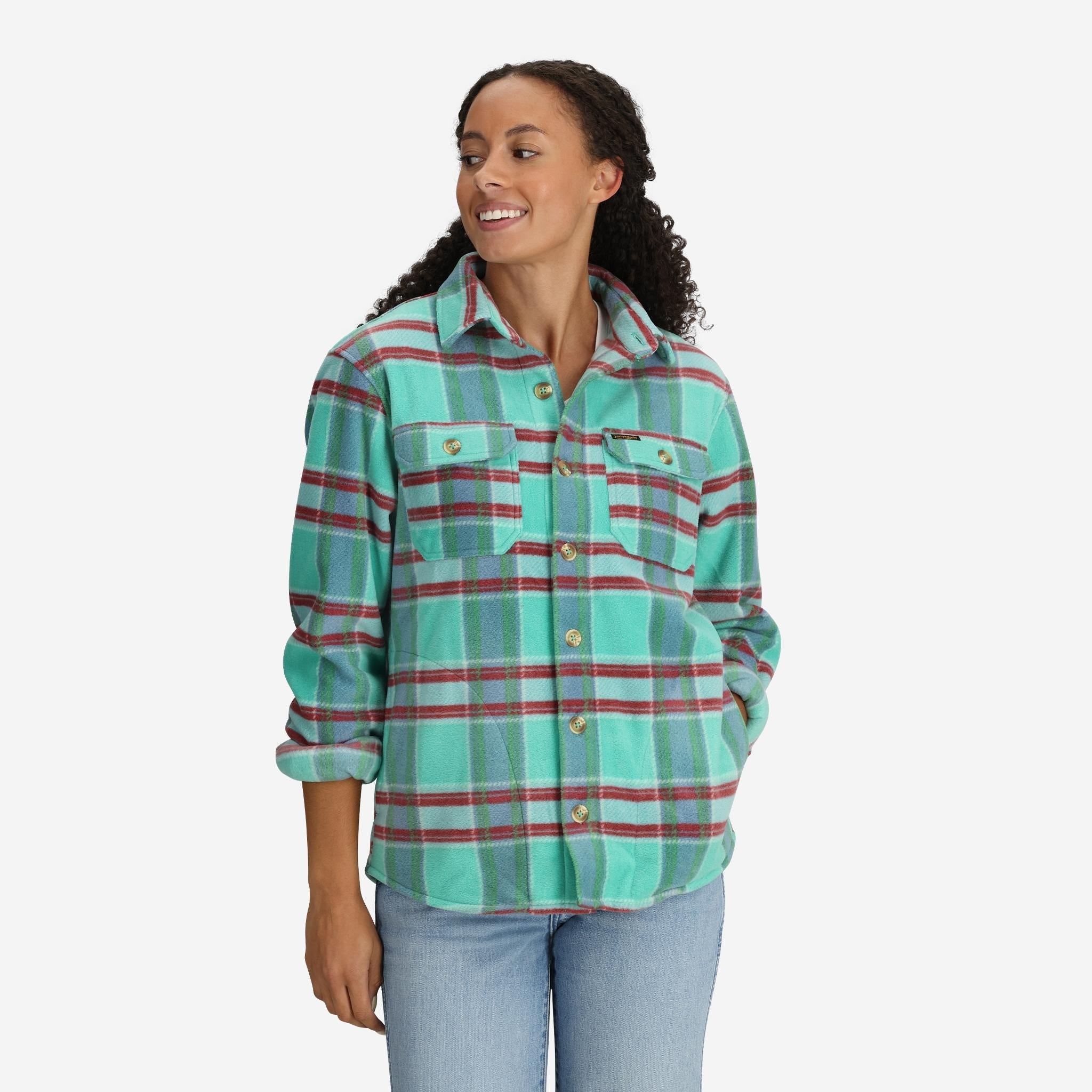 Women's Glenwood Plaid Fleece Shirt Jacket in Turquoise