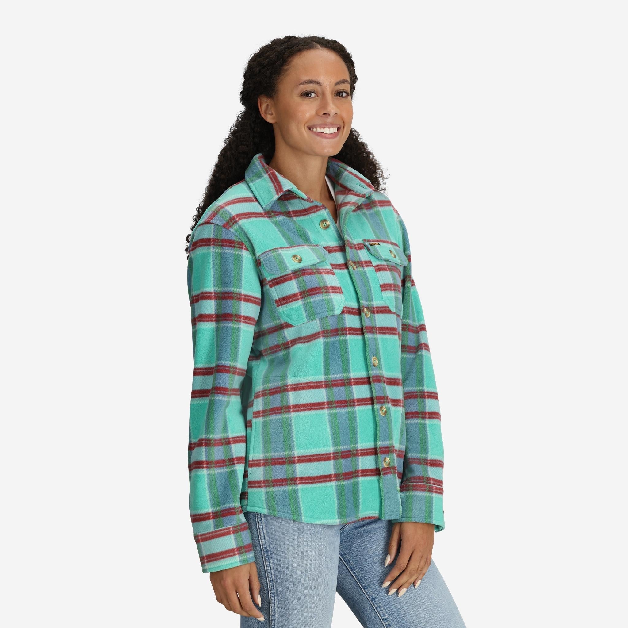 Women's Glenwood Plaid Fleece Shirt Jacket in Turquoise